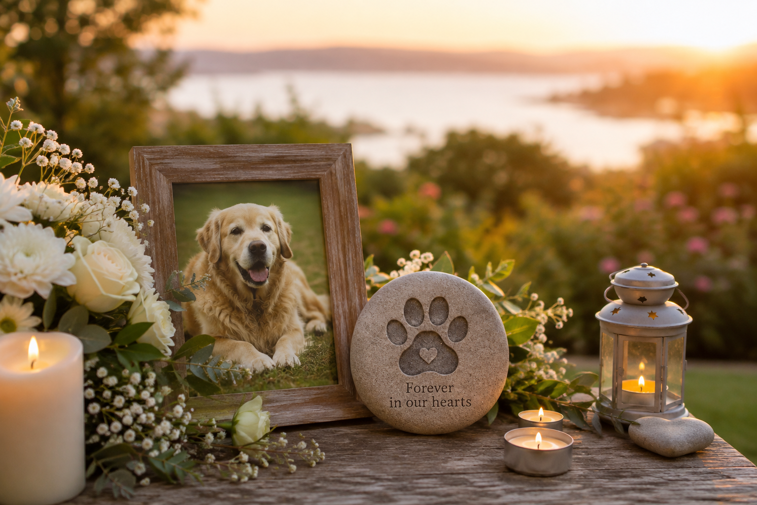 Pet memorial setting at sunset with a framed photograph of a golden retriever, a paw print remembrance stone, white flowers and candles